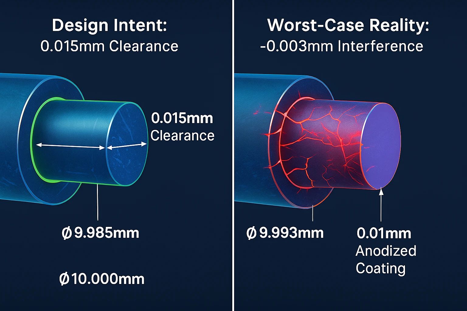 Diagram showing a tolerance stack-up failure.