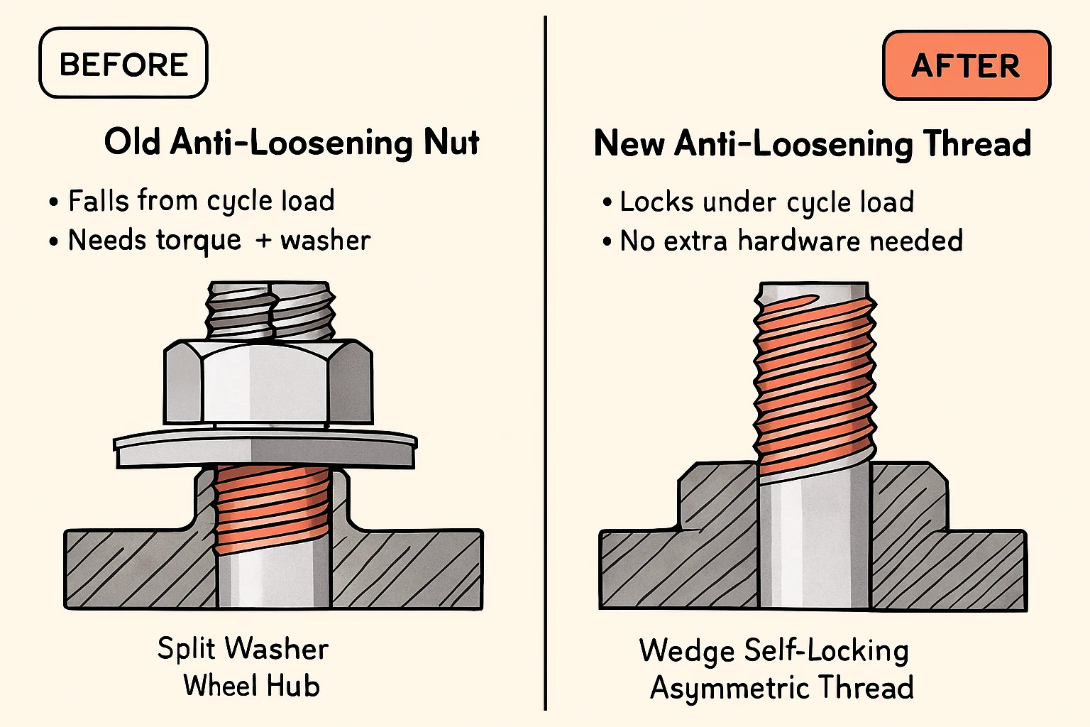 Diagram showing the mechanics of a wedge-locking fastener for an AGV wheel hub.