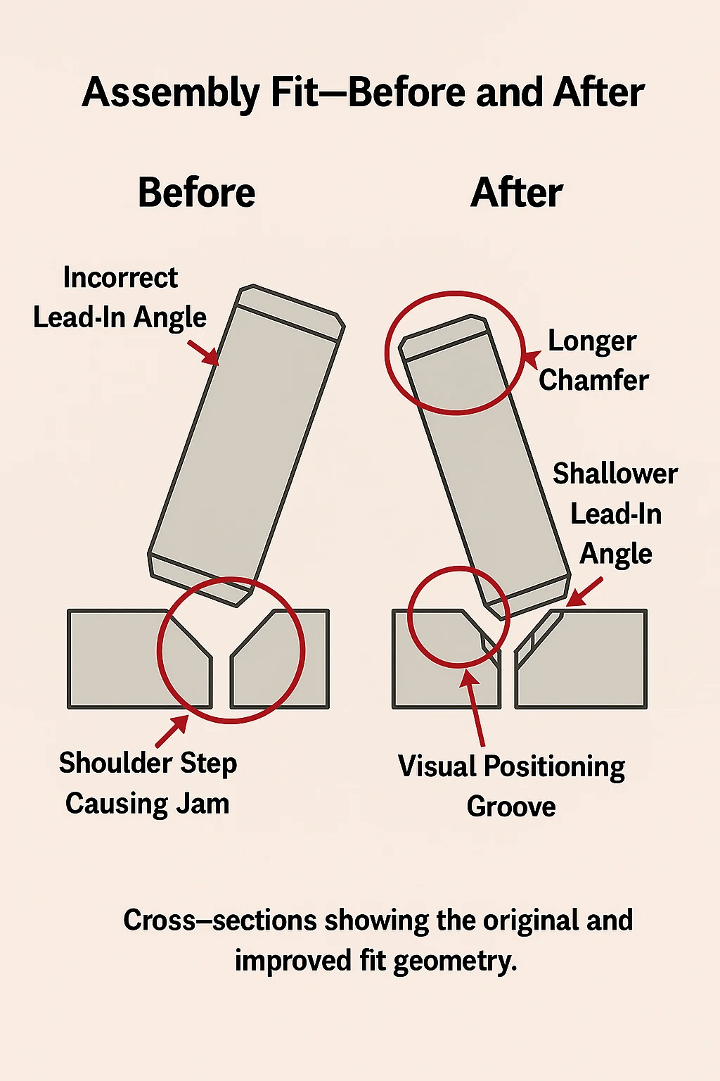 Before and after diagram of an assembly fit improvement.