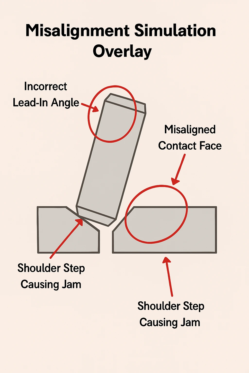 Diagram showing geometric misalignments causing an assembly jam despite parts being in spec.