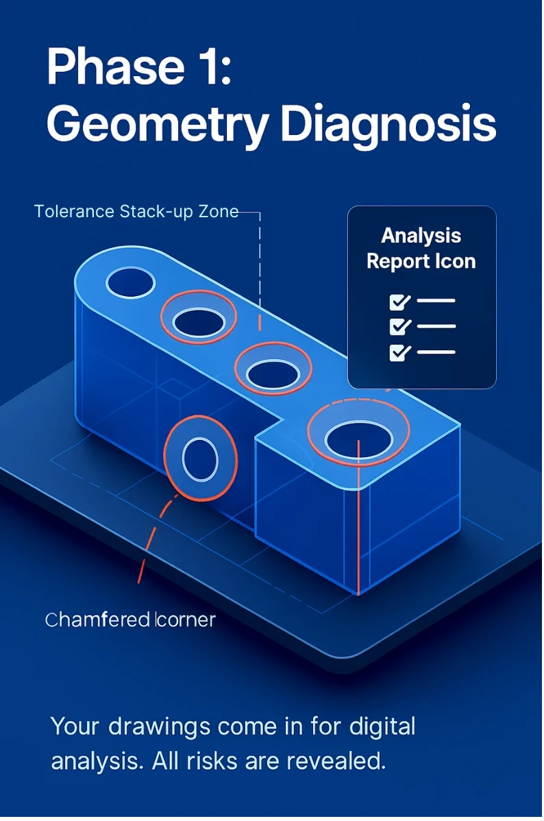 Digital analysis of a part's geometry showing risk zones.