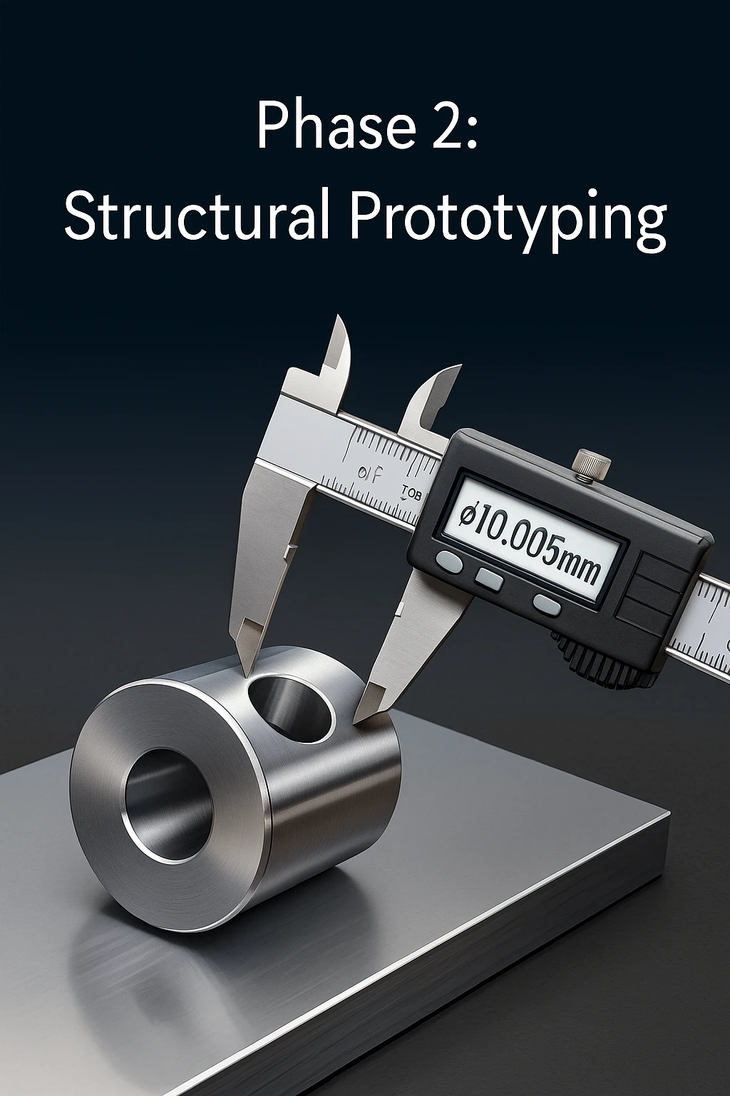 Precision measurement of a metal prototype with a digital caliper showing a high-precision reading.