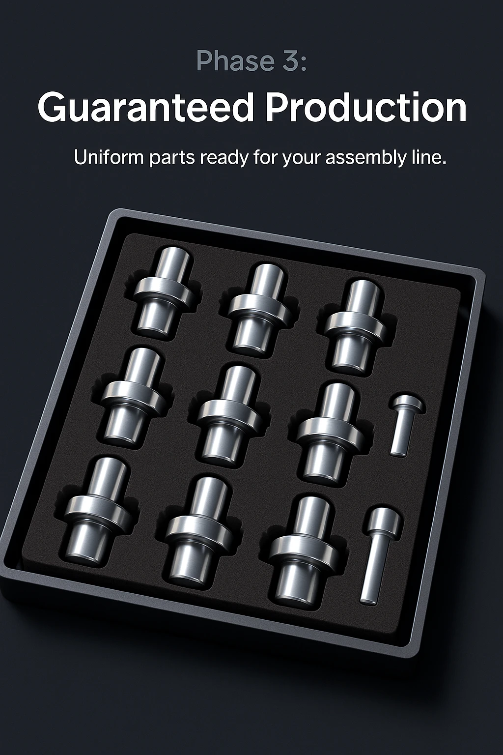 Uniformly manufactured parts placed neatly in a custom tray, ready for assembly.